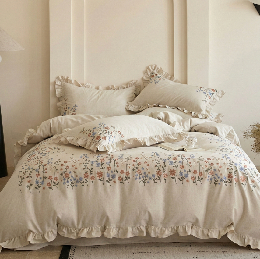 Romantic Cotton Linen Embroidered Duvet Cover Set-Sheet & Pillowcases Included