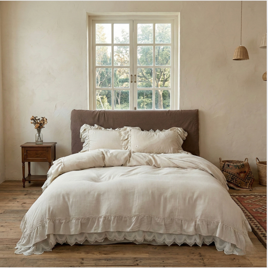 Ruffled Linen Bedding Set - French Cottage Style Duvet Cover