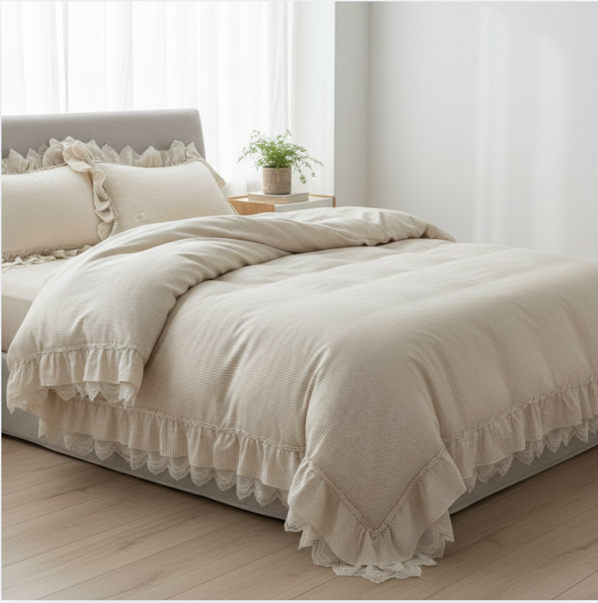 Ruffled Linen Bedding Set - French Cottage Style Duvet Cover