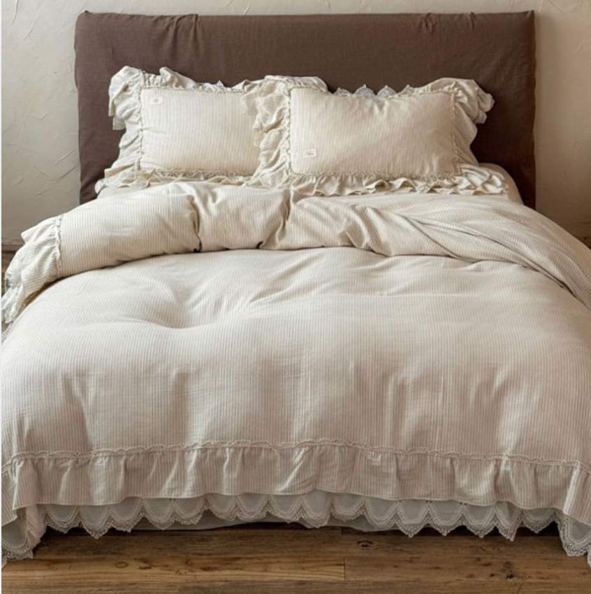 Ruffled Linen Bedding Set - French Cottage Style Duvet Cover