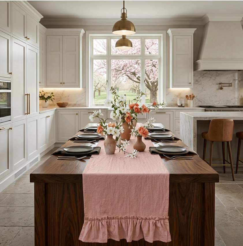 Ruffled Cotton Table Runner- Soft Farmhouse Dining Decor