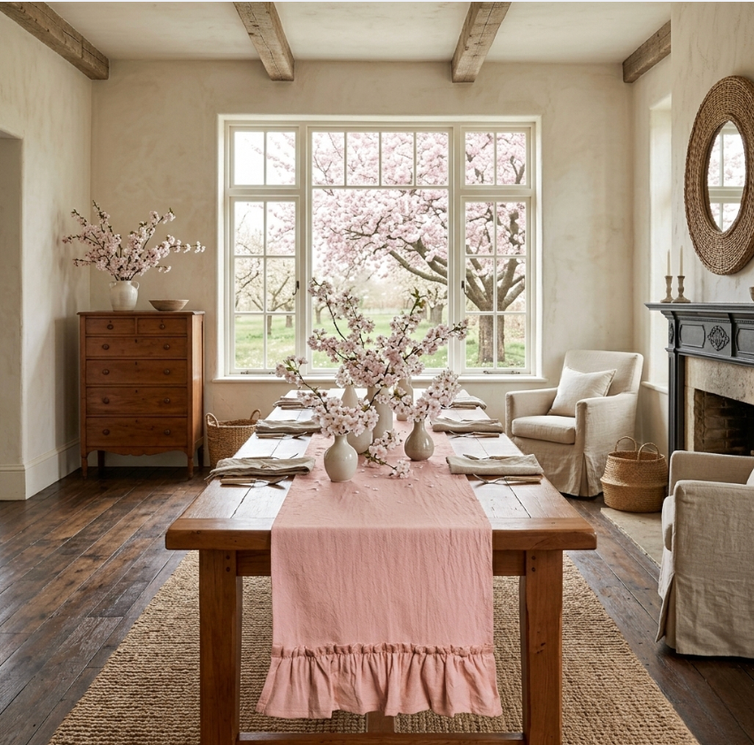 Ruffled Cotton Table Runner- Soft Farmhouse Dining Decor