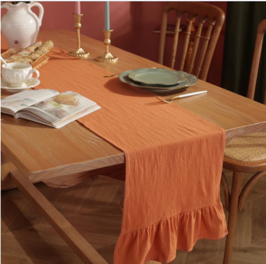 Ruffled Cotton Table Runner- Soft Farmhouse Dining Decor