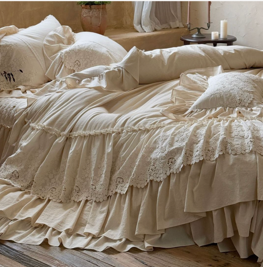 French Country Ruffled Bedding Set, Cotton Linen Beige Duvet Cover