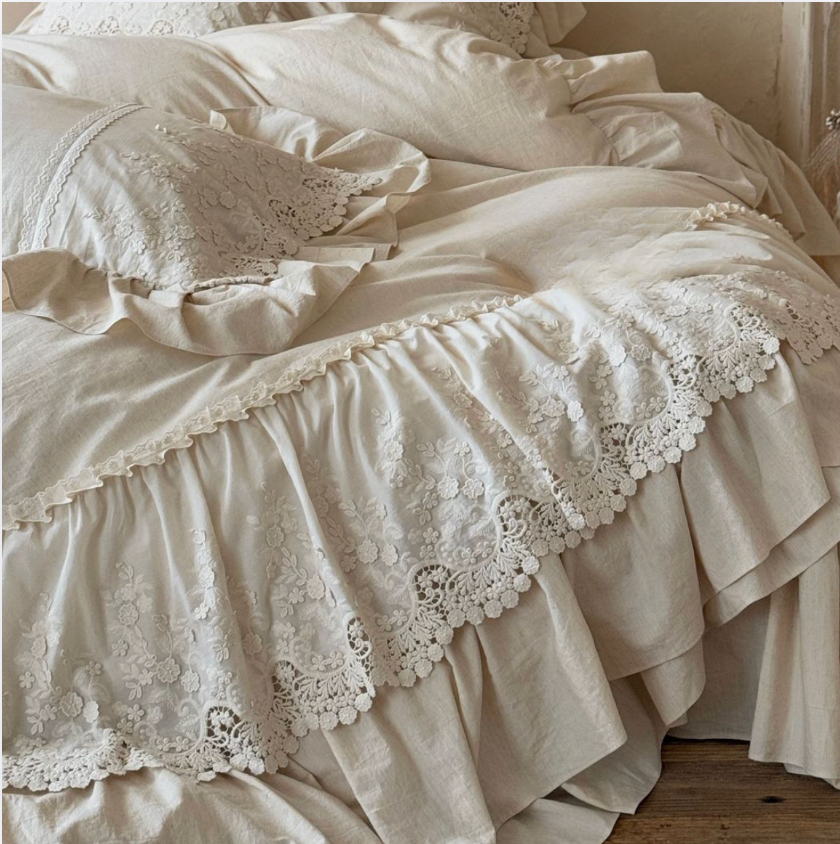 French Country Ruffled Bedding Set, Cotton Linen Beige Duvet Cover