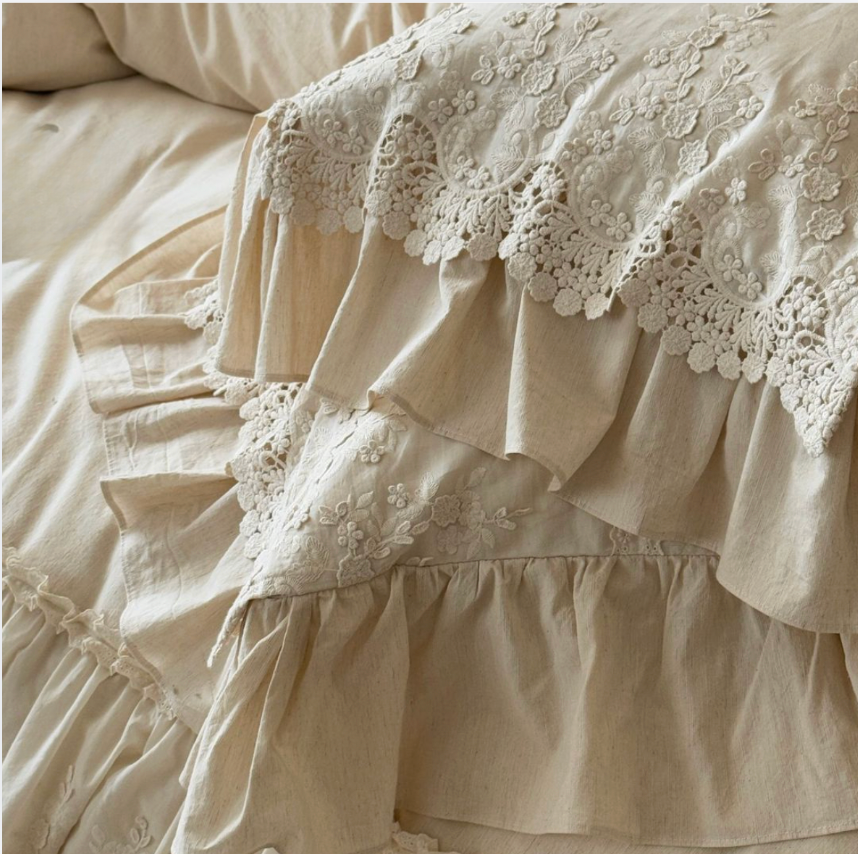 French Country Ruffled Bedding Set, Cotton Linen Beige Duvet Cover