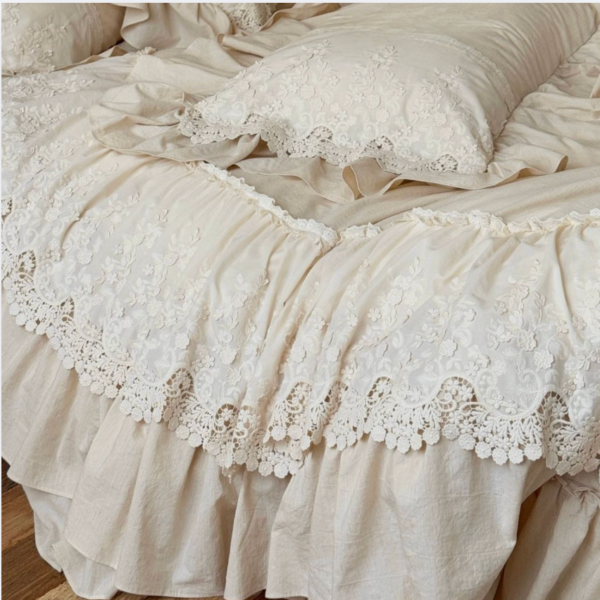 French Country Ruffled Bedding Set, Cotton Linen Beige Duvet Cover