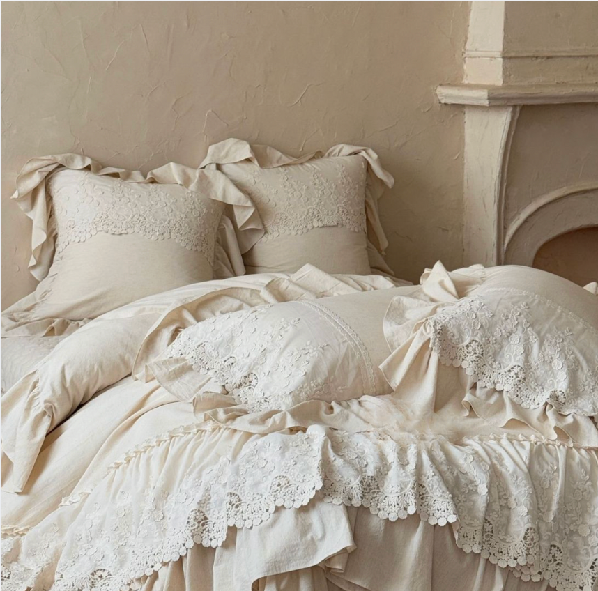French Country Ruffled Bedding Set, Cotton Linen Beige Duvet Cover