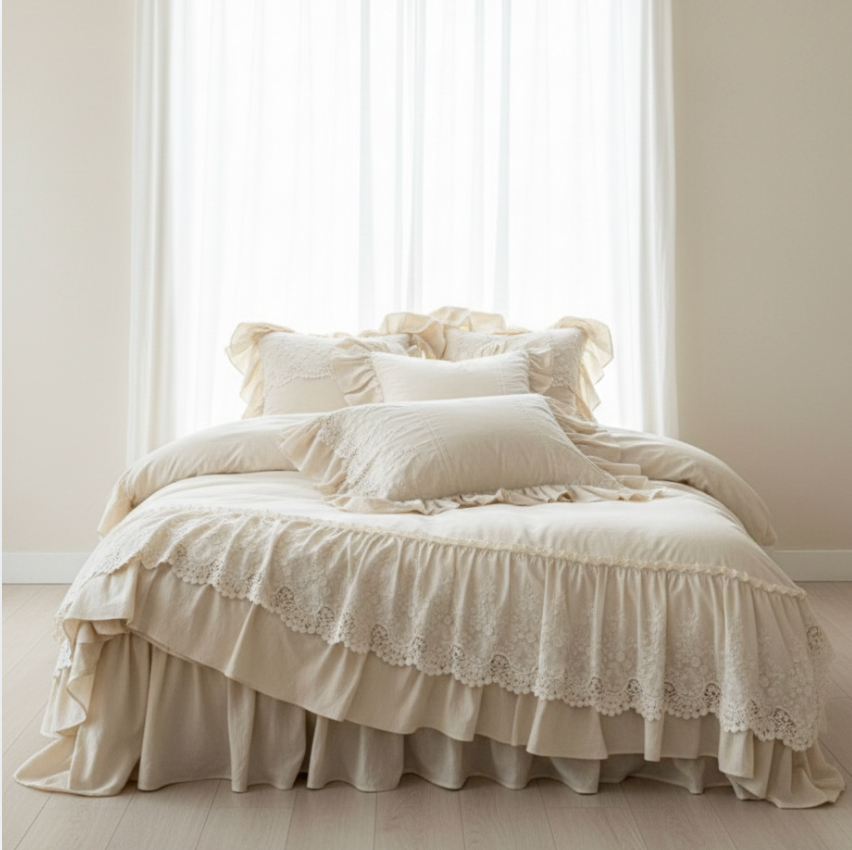 French Country Ruffled Bedding Set, Cotton Linen Beige Duvet Cover