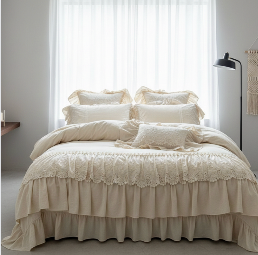 French Country Ruffled Bedding Set, Cotton Linen Beige Duvet Cover