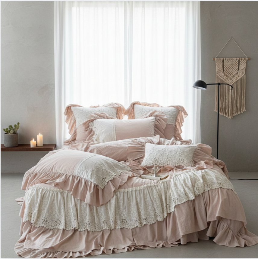 French Country Ruffled Bedding Set, Cotton Linen Beige Duvet Cover