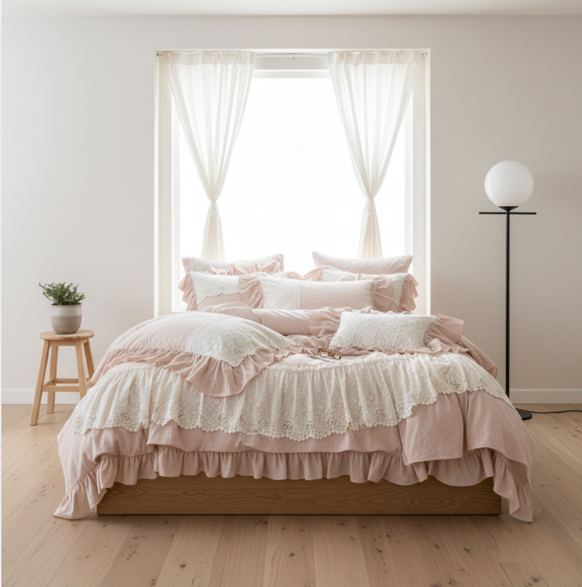 French Country Ruffled Bedding Set, Cotton Linen Beige Duvet Cover