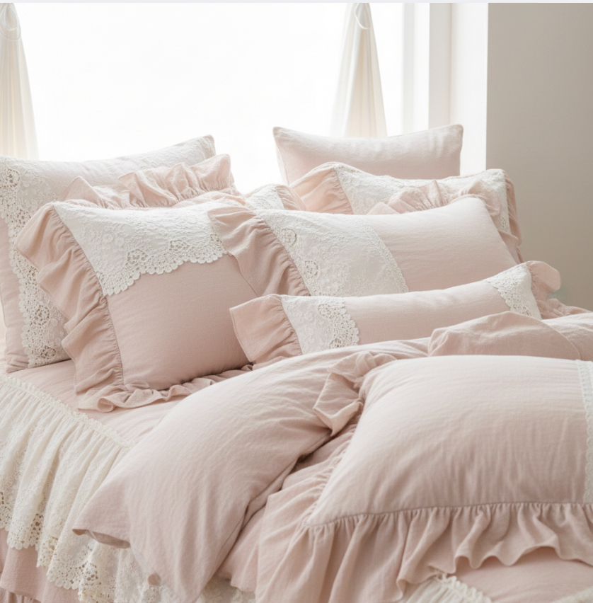 French Country Ruffled Bedding Set, Cotton Linen Beige Duvet Cover