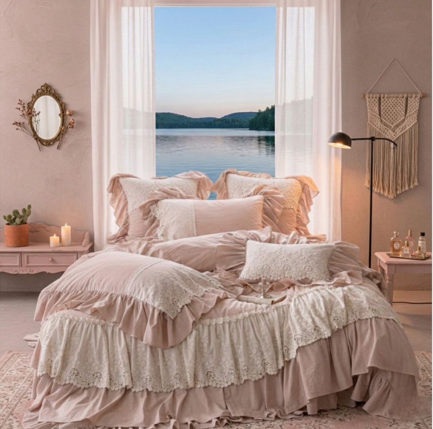 French Country Ruffled Bedding Set, Cotton Linen Beige Duvet Cover