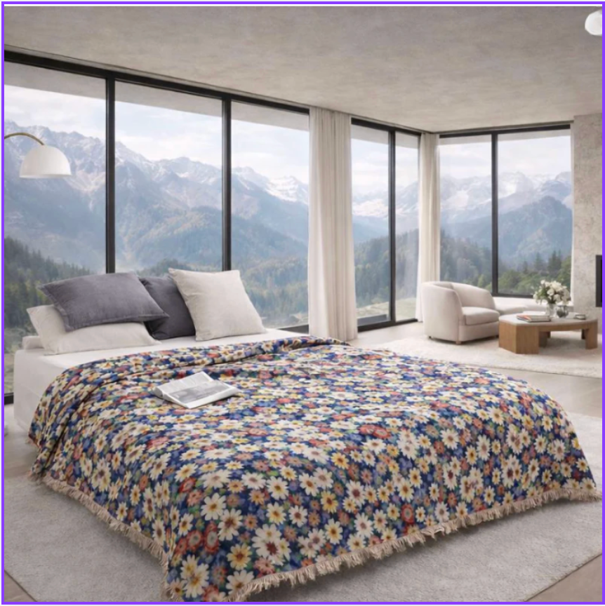 Woven Cotton Floral Bedspread, Jacquard Tapestry Throw Blanket with Fringe