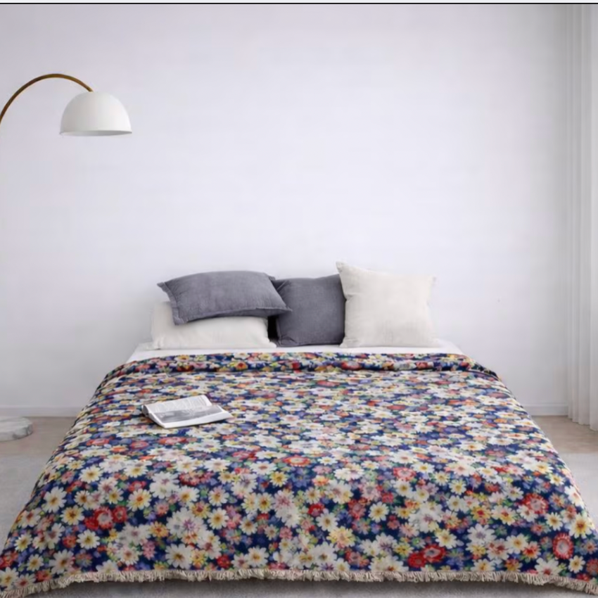Woven Cotton Floral Bedspread, Jacquard Tapestry Throw Blanket with Fringe