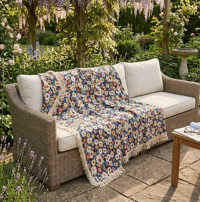 Woven Cotton Floral Bedspread, Jacquard Tapestry Throw Blanket with Fringe