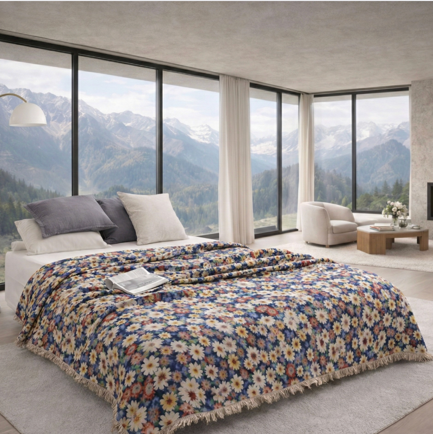 Woven Cotton Floral Bedspread, Jacquard Tapestry Throw Blanket with Fringe
