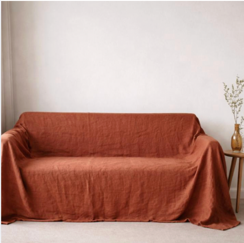 Linen Sofa Cover Throw – Boho Couch Cover Blanket for Living Room