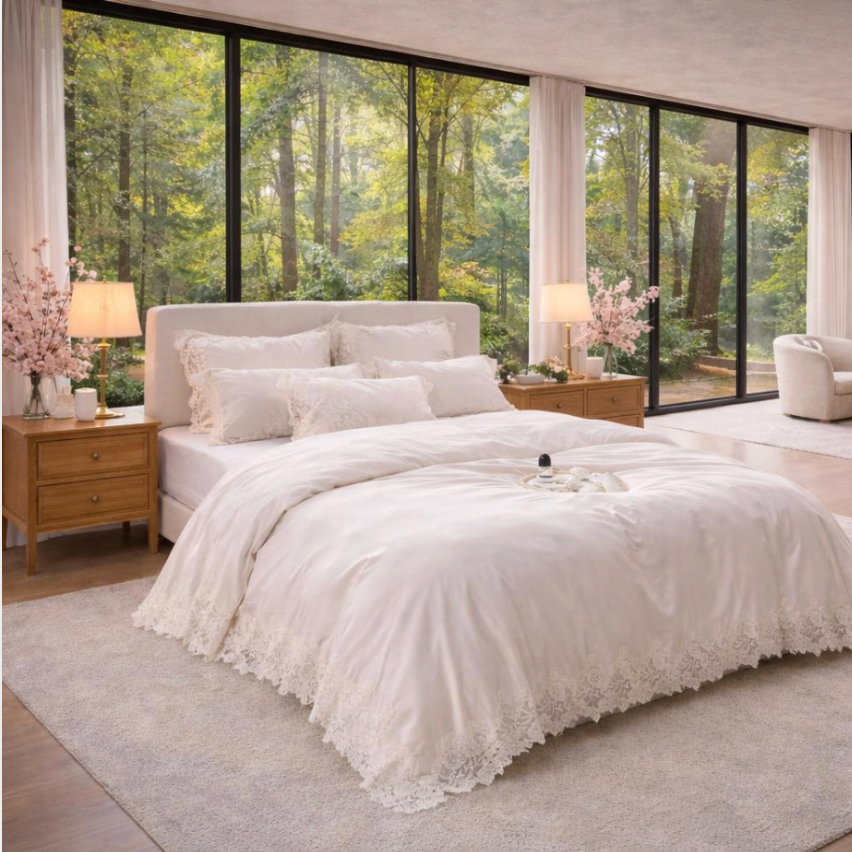 Lace Embroidered Cotton Bedding Set/ Duvet Cover, Pillowcases & Flat Sheet