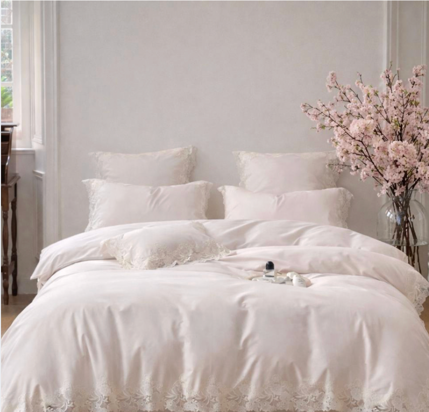 Lace Embroidered Cotton Bedding Set/ Duvet Cover, Pillowcases & Flat Sheet