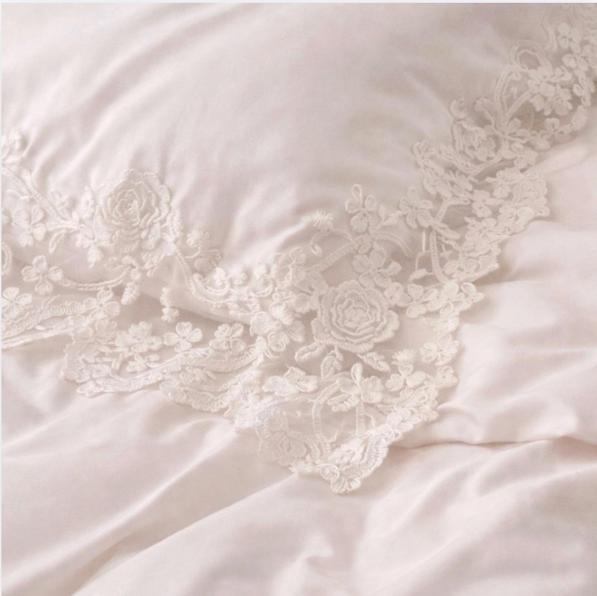 Lace Embroidered Cotton Bedding Set/ Duvet Cover, Pillowcases & Flat Sheet