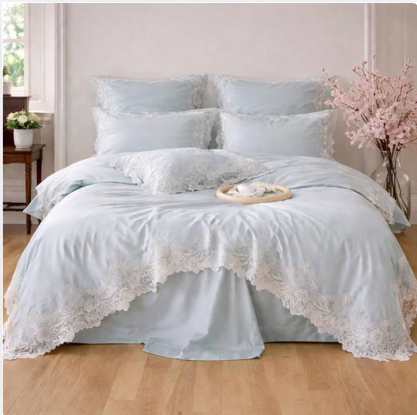 Lace Embroidered Cotton Bedding Set/ Duvet Cover, Pillowcases & Flat Sheet