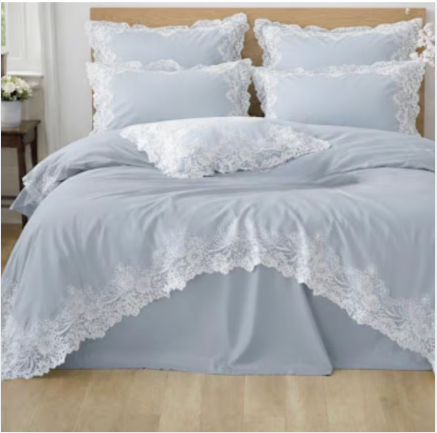 Lace Embroidered Cotton Bedding Set/ Duvet Cover, Pillowcases & Flat Sheet