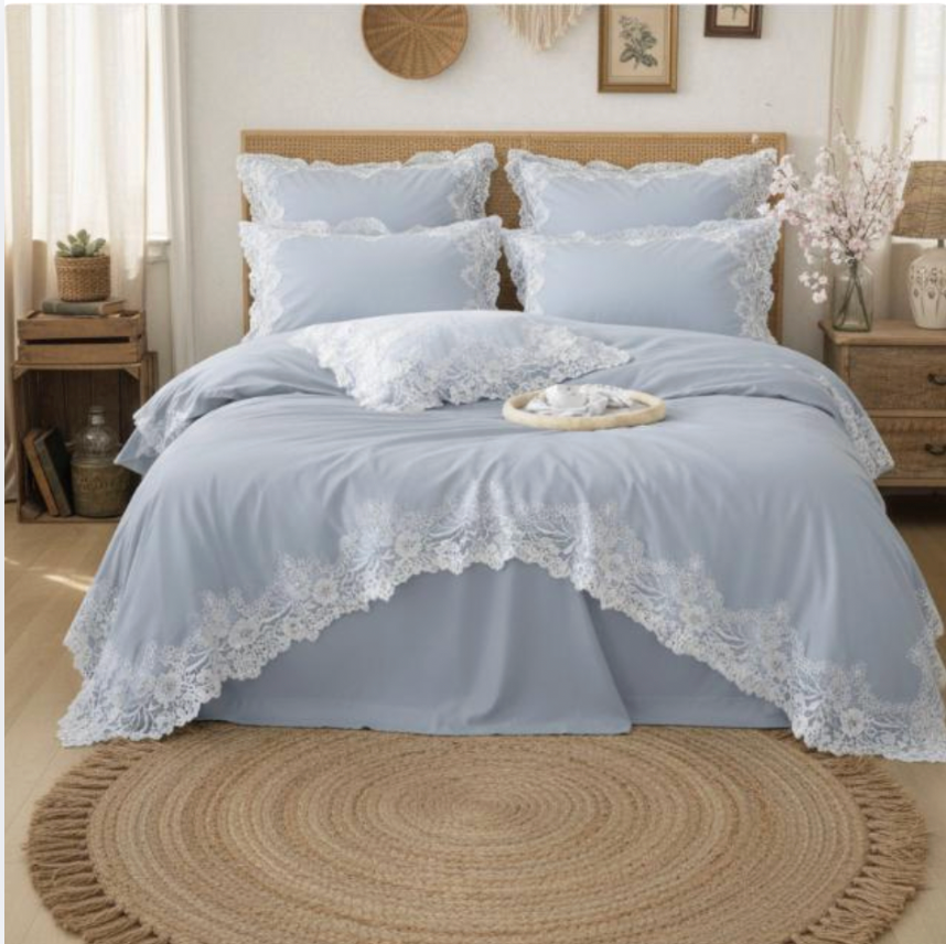 Lace Embroidered Cotton Bedding Set/ Duvet Cover, Pillowcases & Flat Sheet