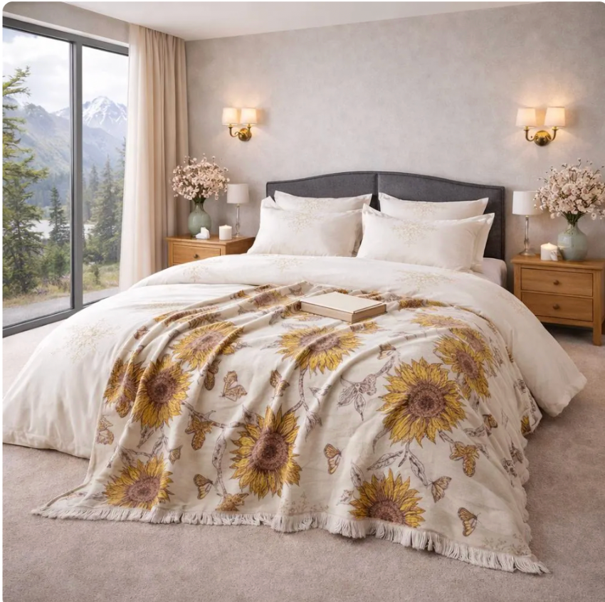 Linen Cotton Jacquard Throw Blanket, Floral Woven Bed Throw, Neutral Home Decor