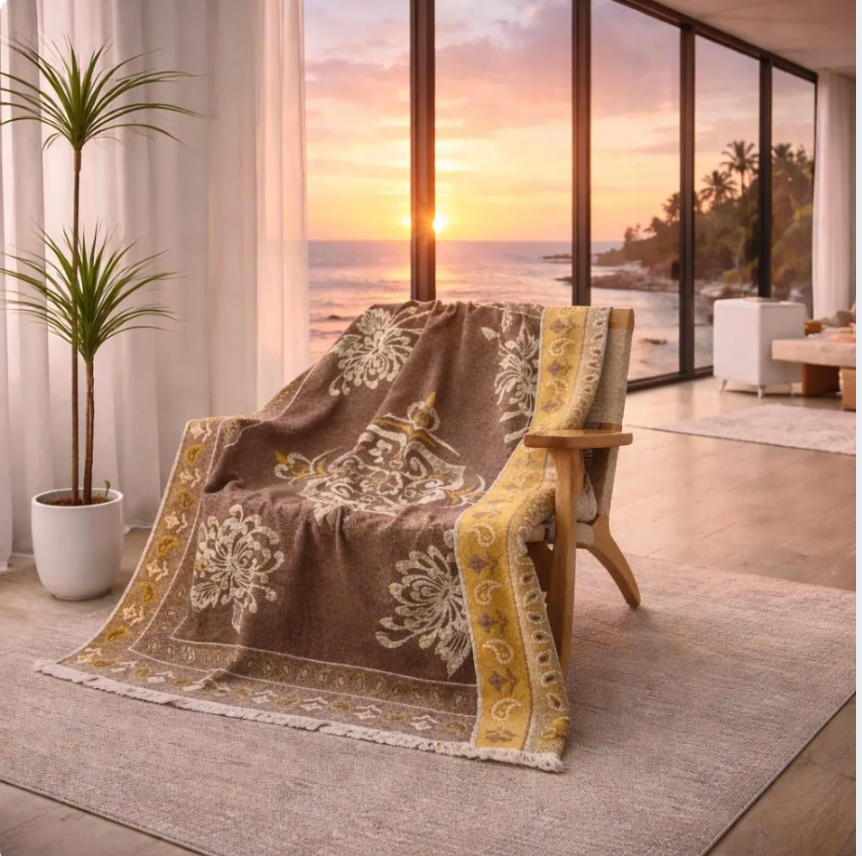 Linen Cotton Jacquard Throw Blanket, Floral Woven Bed Throw, Neutral Home Decor