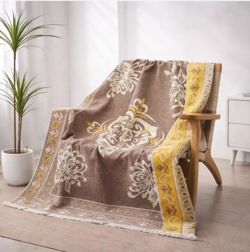 Linen Cotton Jacquard Throw Blanket, Floral Woven Bed Throw, Neutral Home Decor