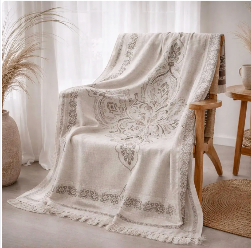Linen Cotton Jacquard Throw Blanket, Floral Woven Bed Throw, Neutral Home Decor