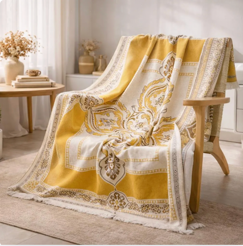 Linen Cotton Jacquard Throw Blanket, Floral Woven Bed Throw, Neutral Home Decor