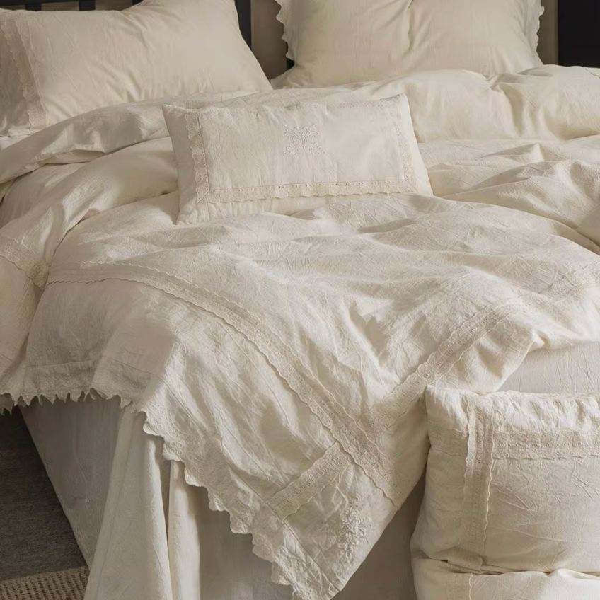 Romantic Linen  Duvet Cover Set, Ivory Minimal Bedding with Lace Trim, Soft Neutral Bedroom Decor