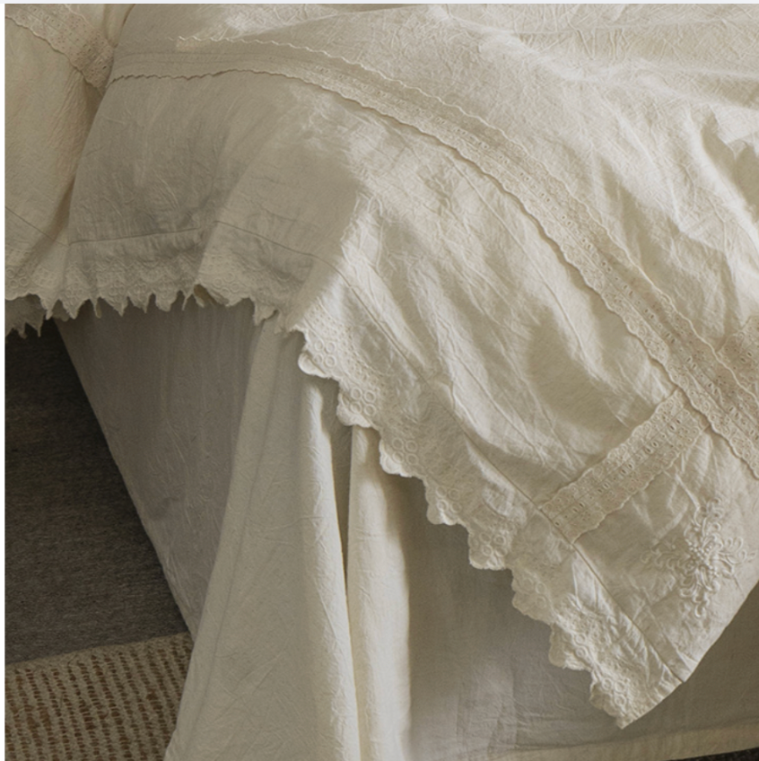 Romantic Linen  Duvet Cover Set, Ivory Minimal Bedding with Lace Trim, Soft Neutral Bedroom Decor