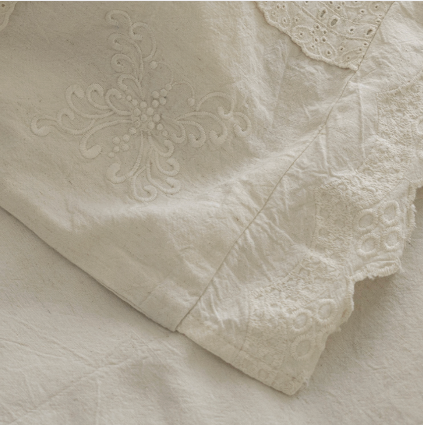 Romantic Linen  Duvet Cover Set, Ivory Minimal Bedding with Lace Trim, Soft Neutral Bedroom Decor