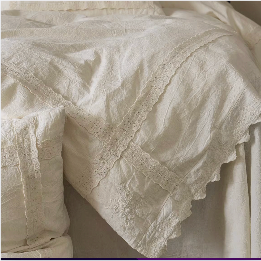Romantic Linen  Duvet Cover Set, Ivory Minimal Bedding with Lace Trim, Soft Neutral Bedroom Decor