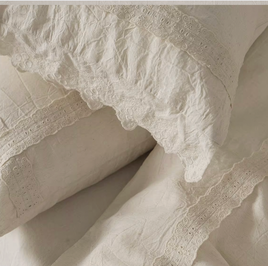 Romantic Linen  Duvet Cover Set, Ivory Minimal Bedding with Lace Trim, Soft Neutral Bedroom Decor