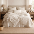 Romantic Linen  Duvet Cover Set, Ivory Minimal Bedding with Lace Trim, Soft Neutral Bedroom Decor