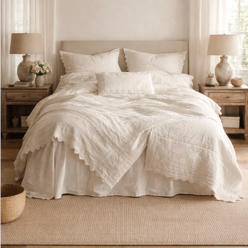 Romantic Linen  Duvet Cover Set, Ivory Minimal Bedding with Lace Trim, Soft Neutral Bedroom Decor