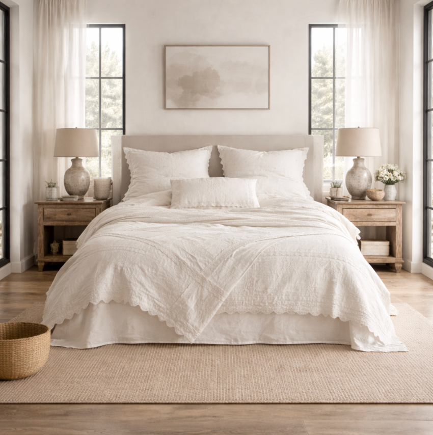 Romantic Linen  Duvet Cover Set, Ivory Minimal Bedding with Lace Trim, Soft Neutral Bedroom Decor