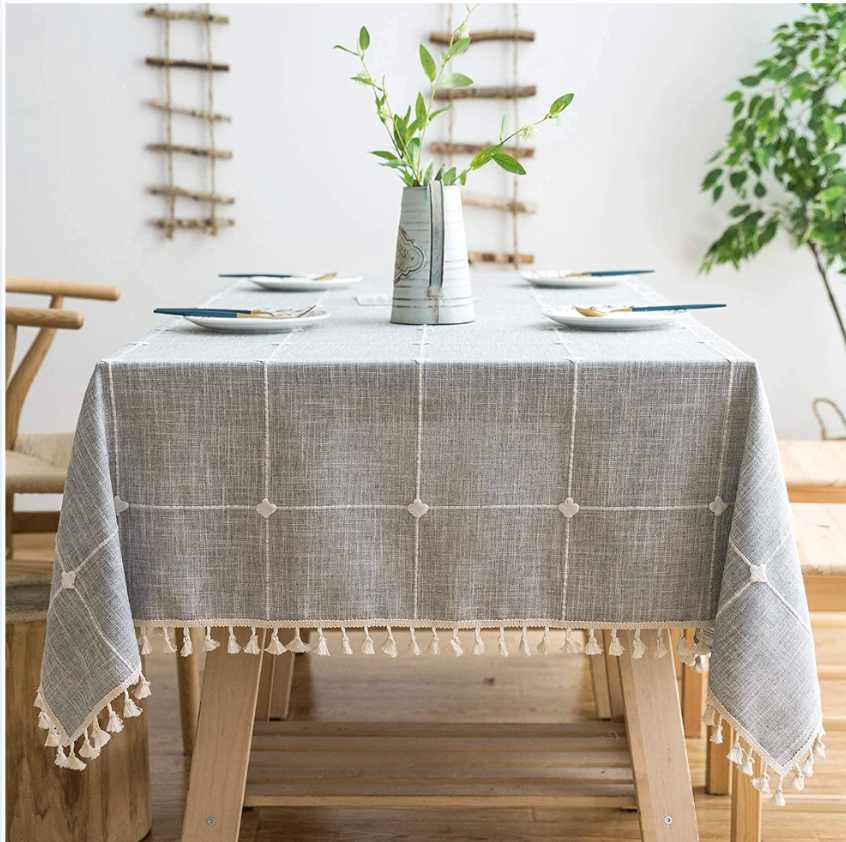 Modern Sage Cotton Linen Blend Tablecloth with Tassels – Minimal Decorative Dining & Coffee Table Cover