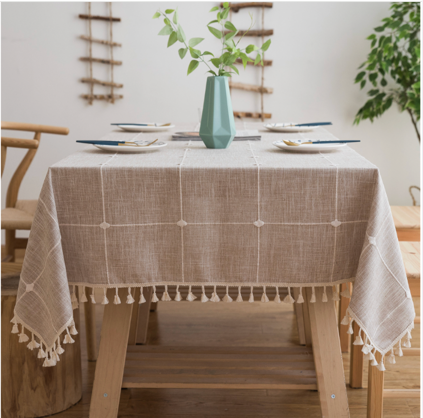 Modern Sage Cotton Linen Blend Tablecloth with Tassels – Minimal Decorative Dining & Coffee Table Cover