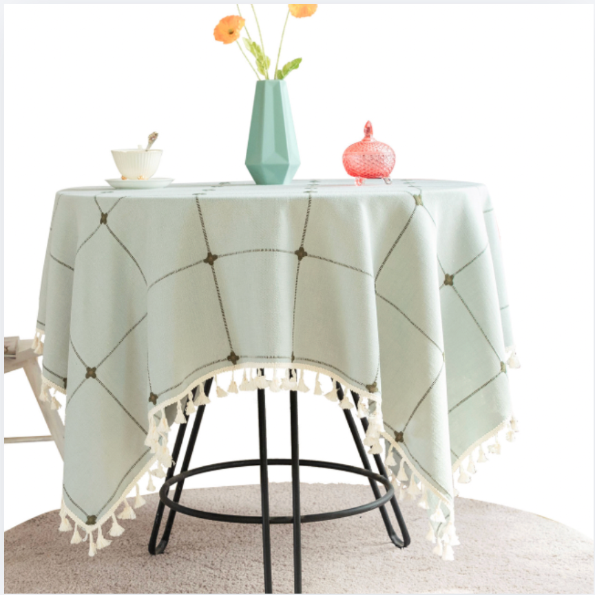 Modern Sage Cotton Linen Blend Tablecloth with Tassels – Minimal Decorative Dining & Coffee Table Cover