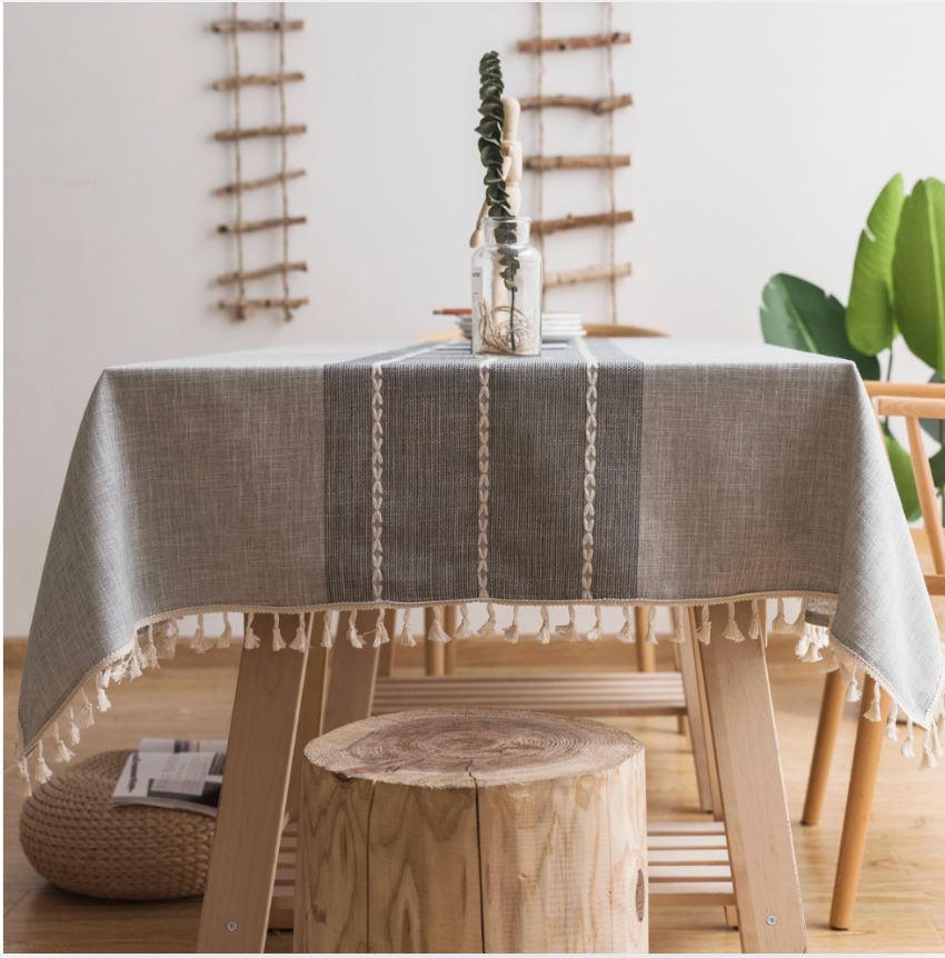 Modern Sage Cotton Linen Blend Tablecloth with Tassels – Minimal Decorative Dining & Coffee Table Cover
