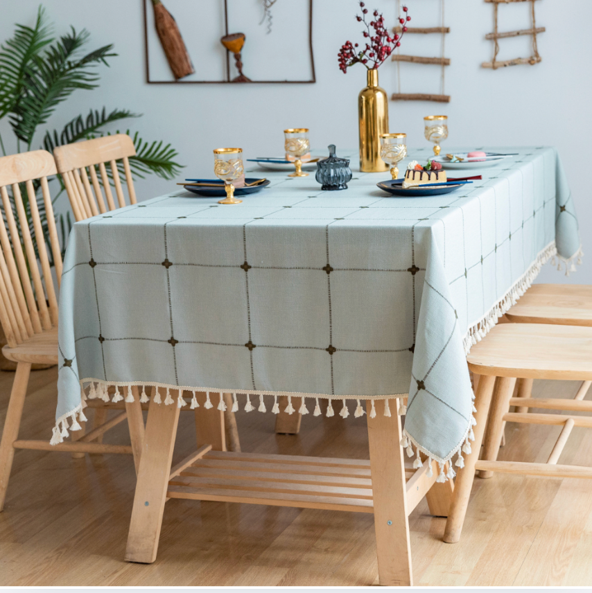 Modern Sage Cotton Linen Blend Tablecloth with Tassels – Minimal Decorative Dining & Coffee Table Cover