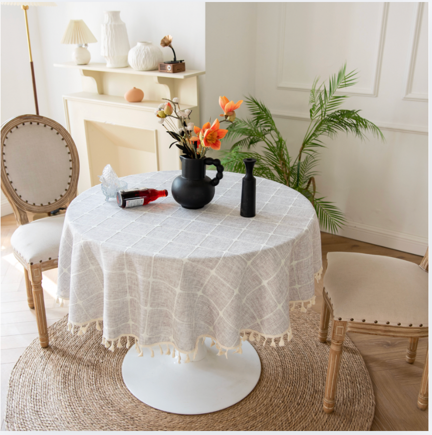 Modern Sage Cotton Linen Blend Tablecloth with Tassels – Minimal Decorative Dining & Coffee Table Cover