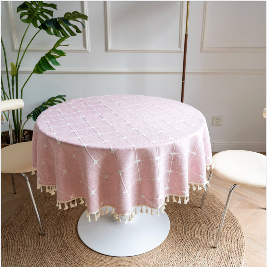 Modern Sage Cotton Linen Blend Tablecloth with Tassels – Minimal Decorative Dining & Coffee Table Cover