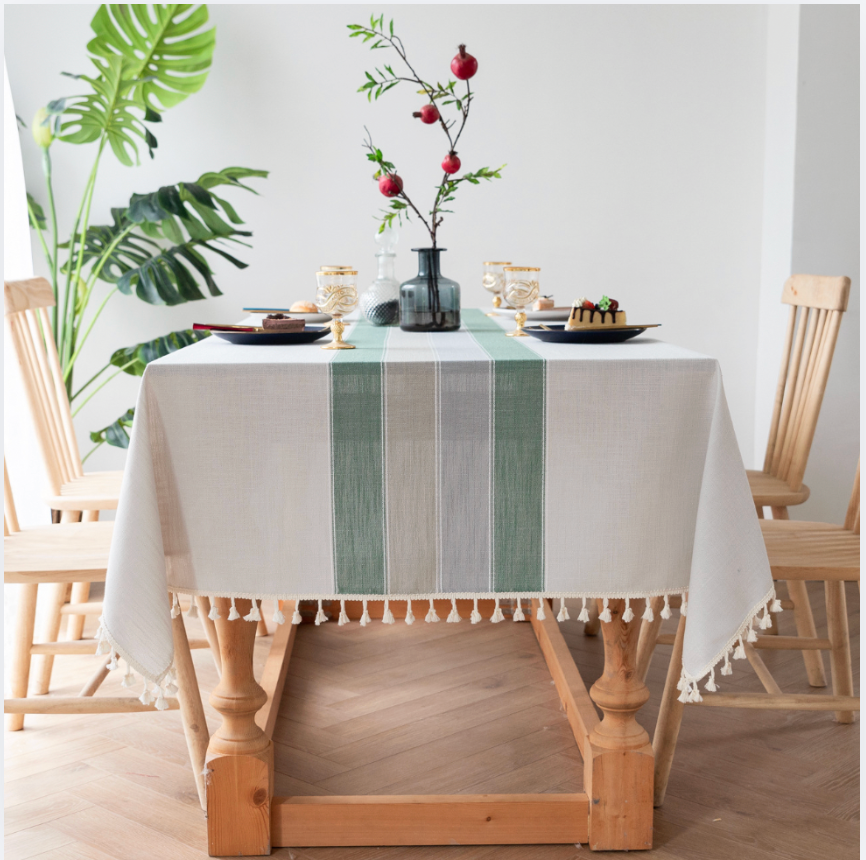 Modern Sage Cotton Linen Blend Tablecloth with Tassels – Minimal Decorative Dining & Coffee Table Cover